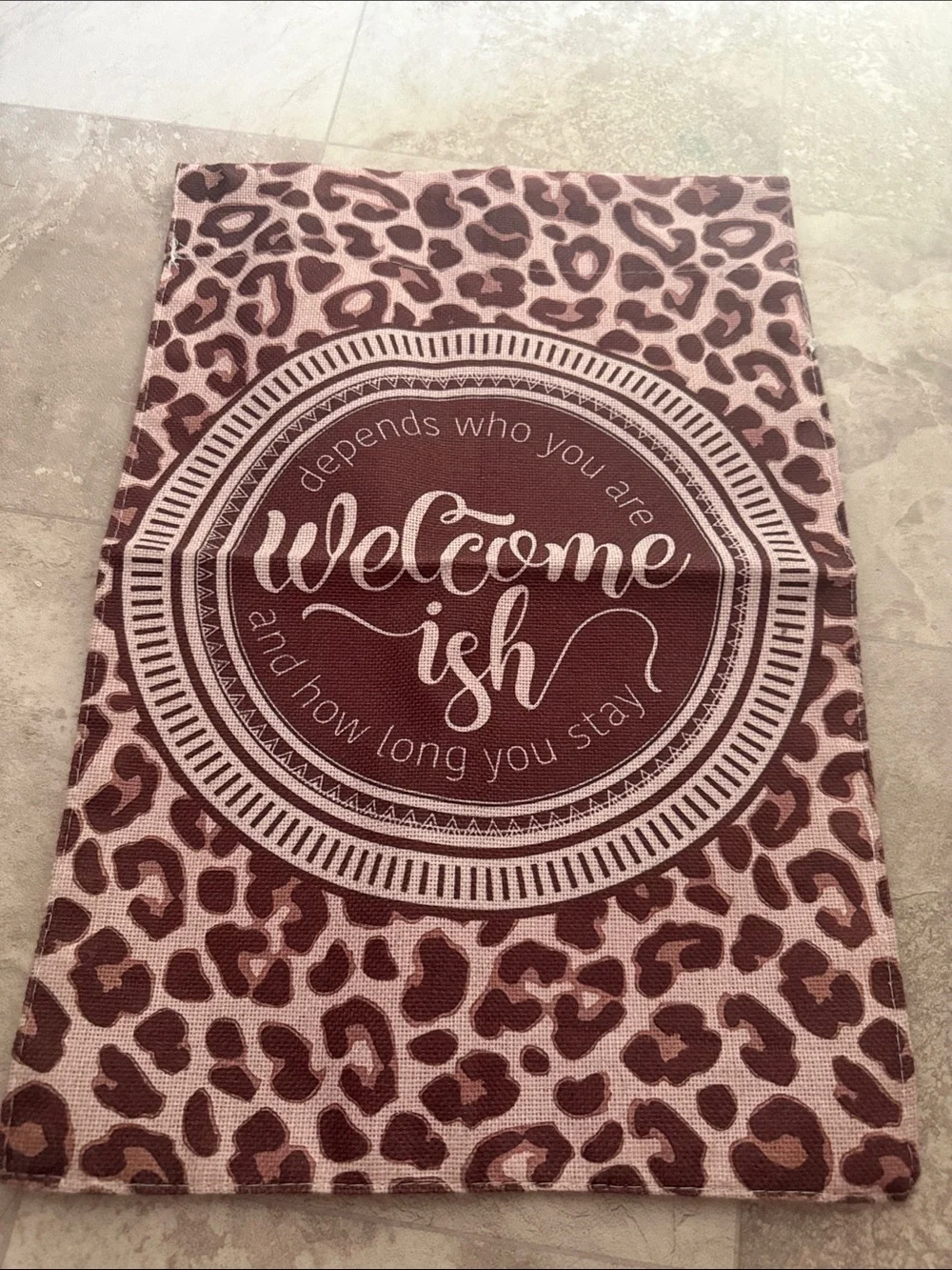 Welcome-ish Leopard Print Bath Mat - Pink/Burgundy
